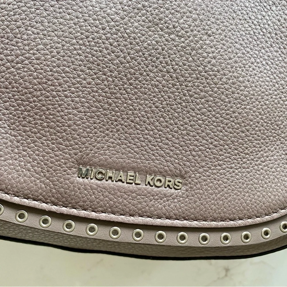 Michael Kors Brooklyn Leather Medium Crossbody Saddle Bag with Studs and…